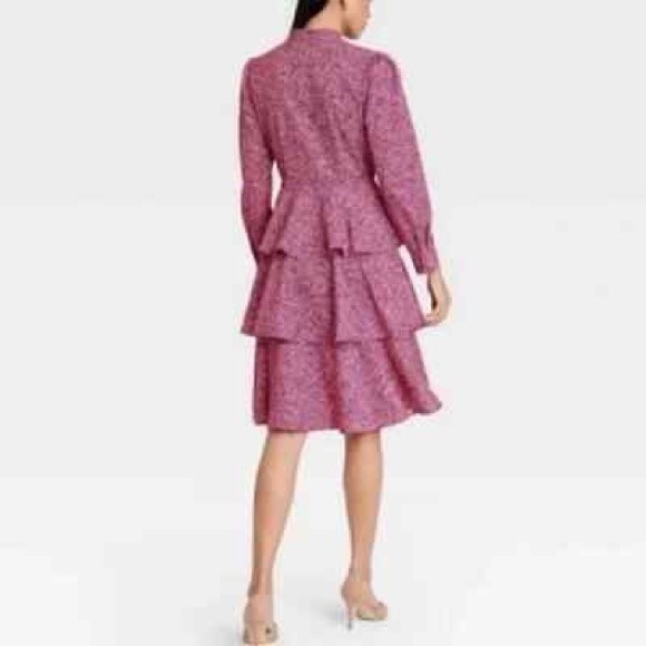 NWT Who What Wear Pink Leopard Print Puff Long Sleeve A- Line Dress Small - Picture 2 of 10